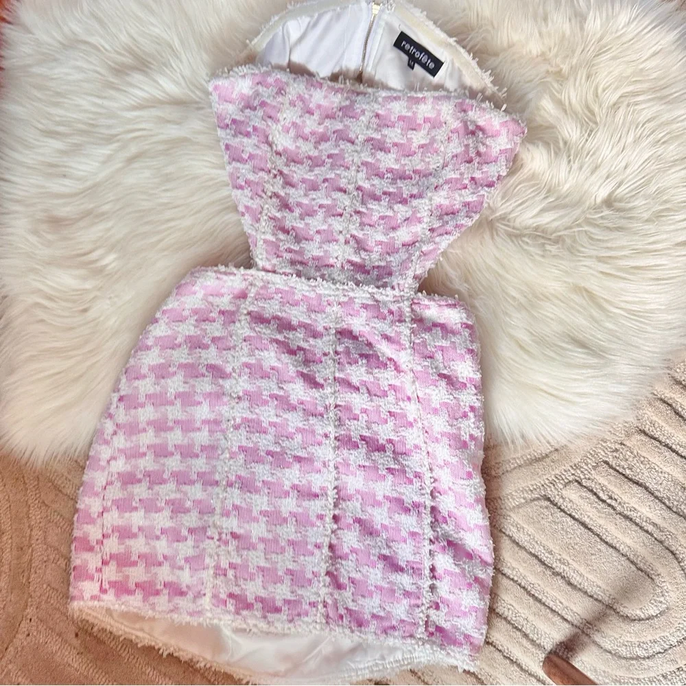 Retrofete Betheny Strapless Cutout Houndstooth Boucle-Tweed Pink Mini Dress